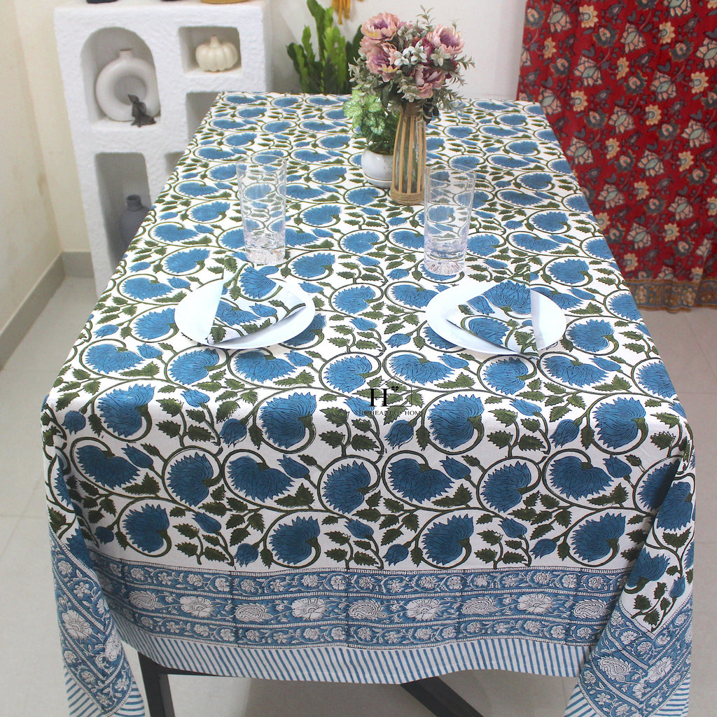 Blue Floral Block Print Cotton Tablecloth: Rustic Farmhouse Dining