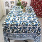 Blue Floral Block Print Cotton Tablecloth: Rustic Farmhouse Dining
