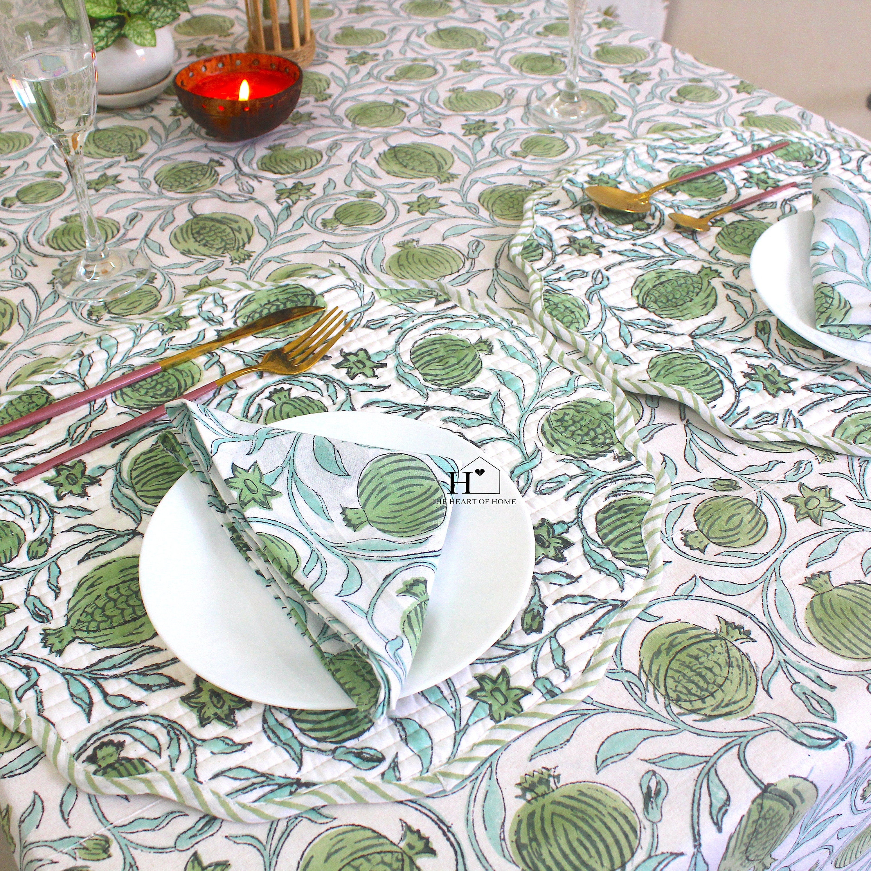 Sage Green Floral Tablecloth: Hand-Block Printed Cotton, Rustic Farmhouse Style
