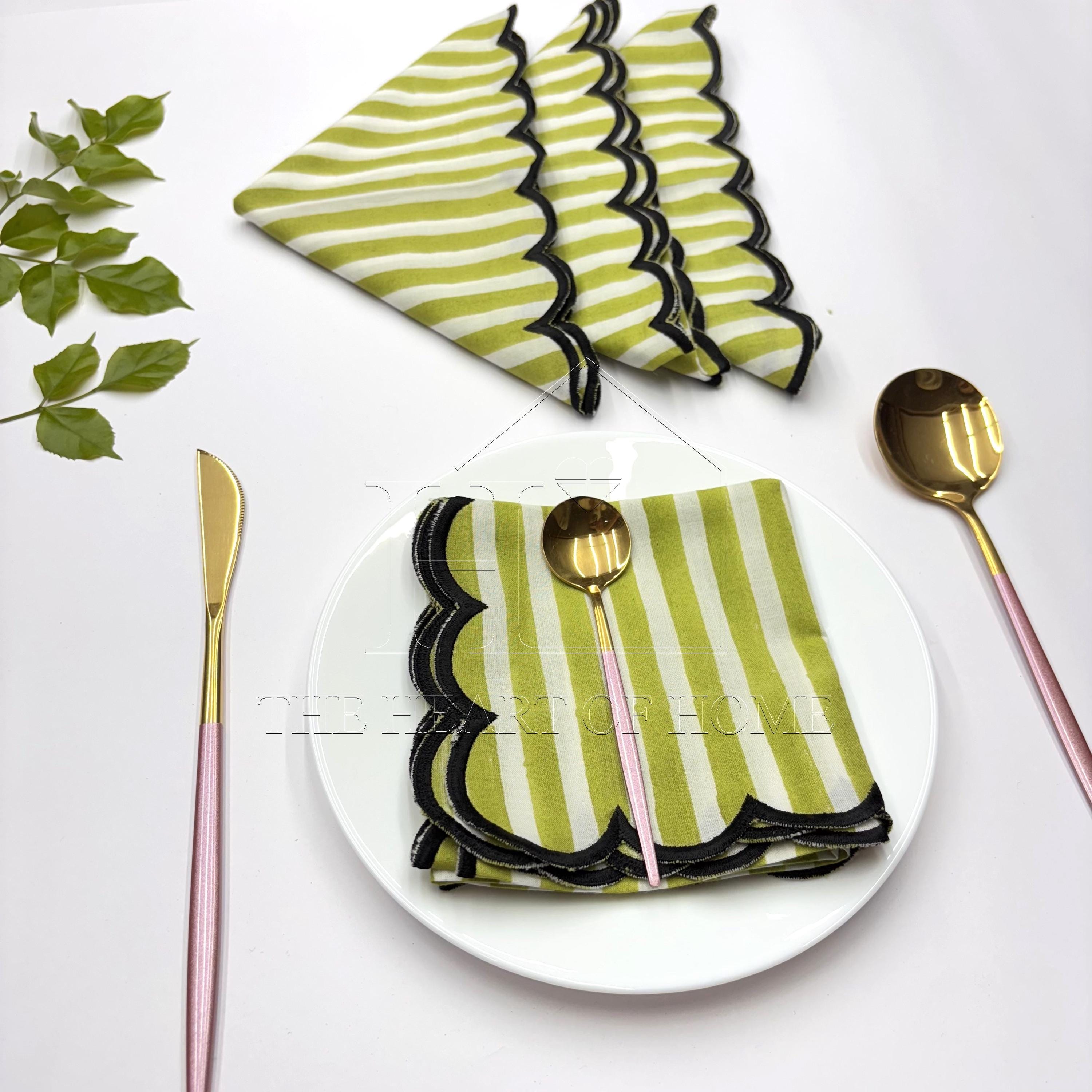 Hand Block Printed Stripe Napkins: Embroidered Scallop Edge, Sustainable Cotton