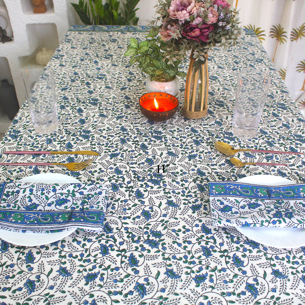 Blue Floral Block Print Tablecloth: Waterproof Cotton Dining Table Cover