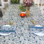 Blue Floral Block Print Tablecloth: Waterproof Cotton Dining Table Cover