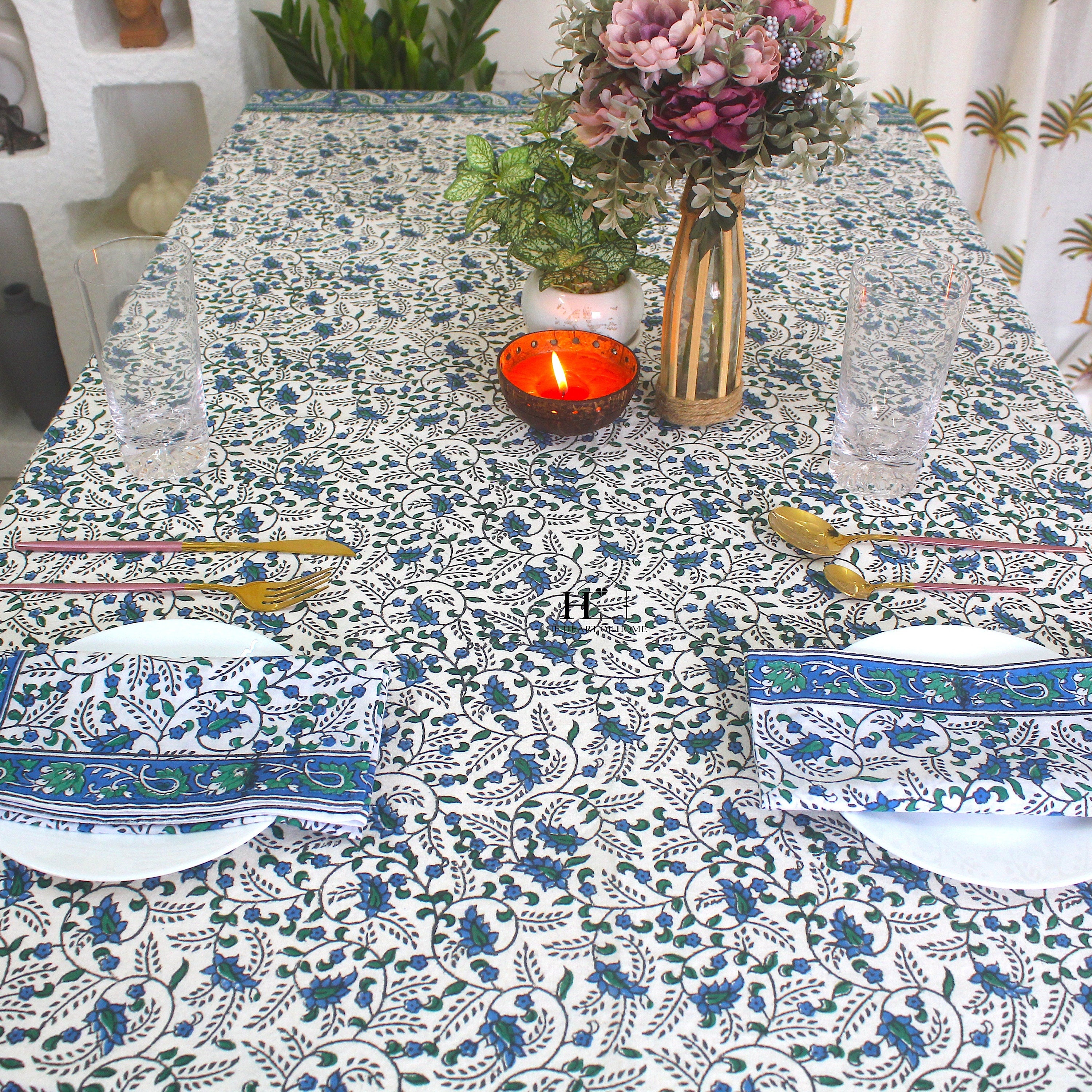 Blue Floral Block Print Tablecloth: Waterproof Cotton Dining Table Cover