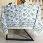 Sage Green Floral Tablecloth: Hand-Block Printed Cotton, Rustic Farmhouse Style