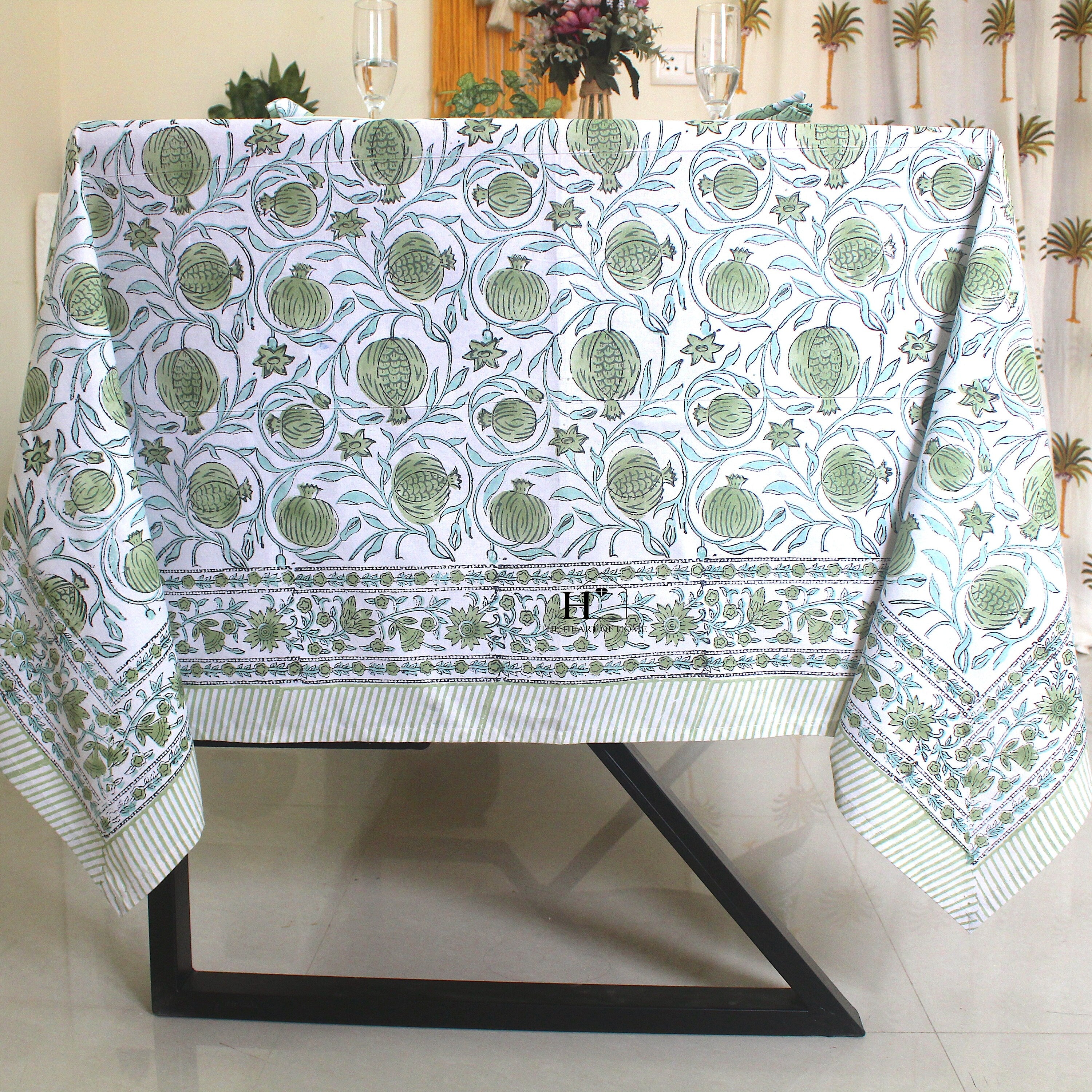 Sage Green Floral Tablecloth: Hand-Block Printed Cotton, Rustic Farmhouse Style
