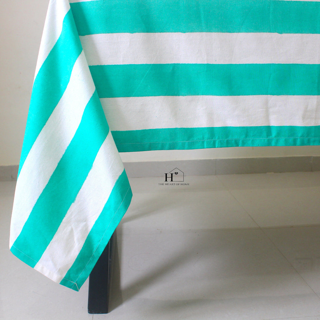 Hand-Block Stripe Cotton Tablecloth: Sea Green Waterproof Dining Table Cover