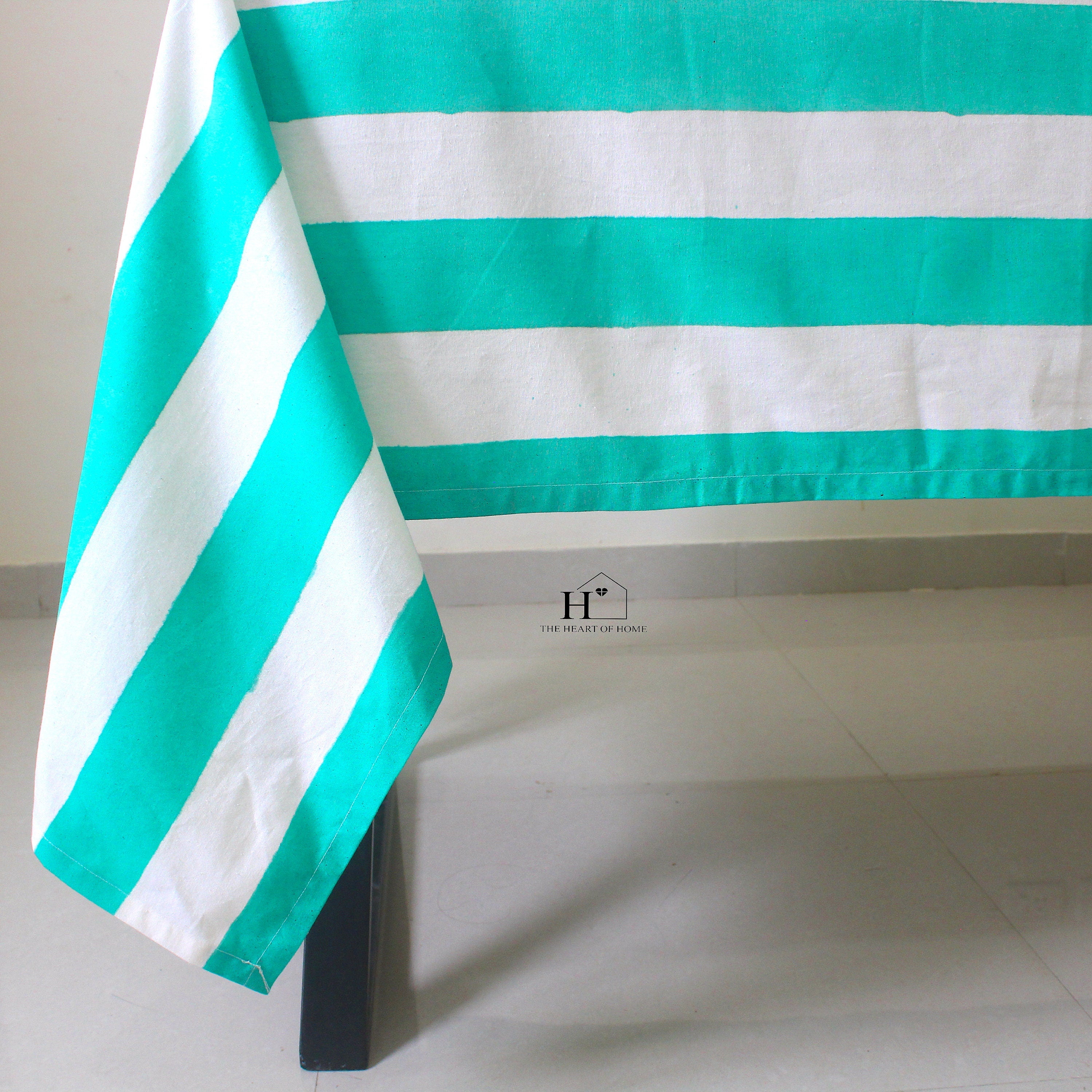 Hand-Block Stripe Cotton Tablecloth: Sea Green Waterproof Dining Table Cover