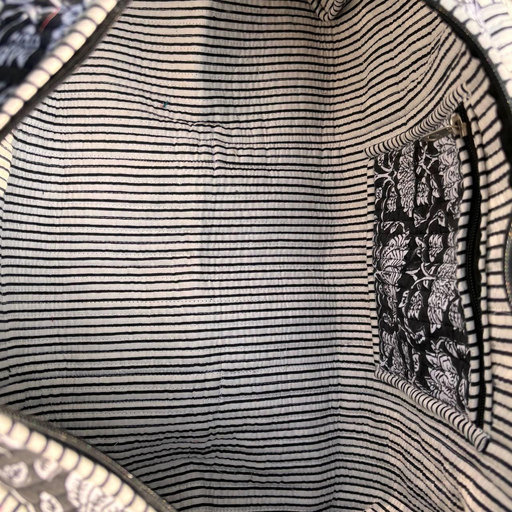 Large Black Cotton Quilted Duffle Bags Block print Gifts Handmade Colorful Travel night Travel Gym Yoga Luggage pocket 18x9x9 inches