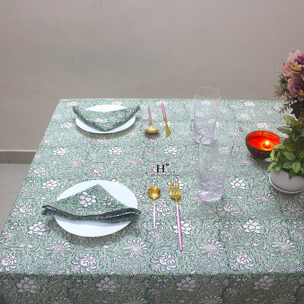 Hand Block Printed Olive Green Linen Tablecloth - Custom Sizes