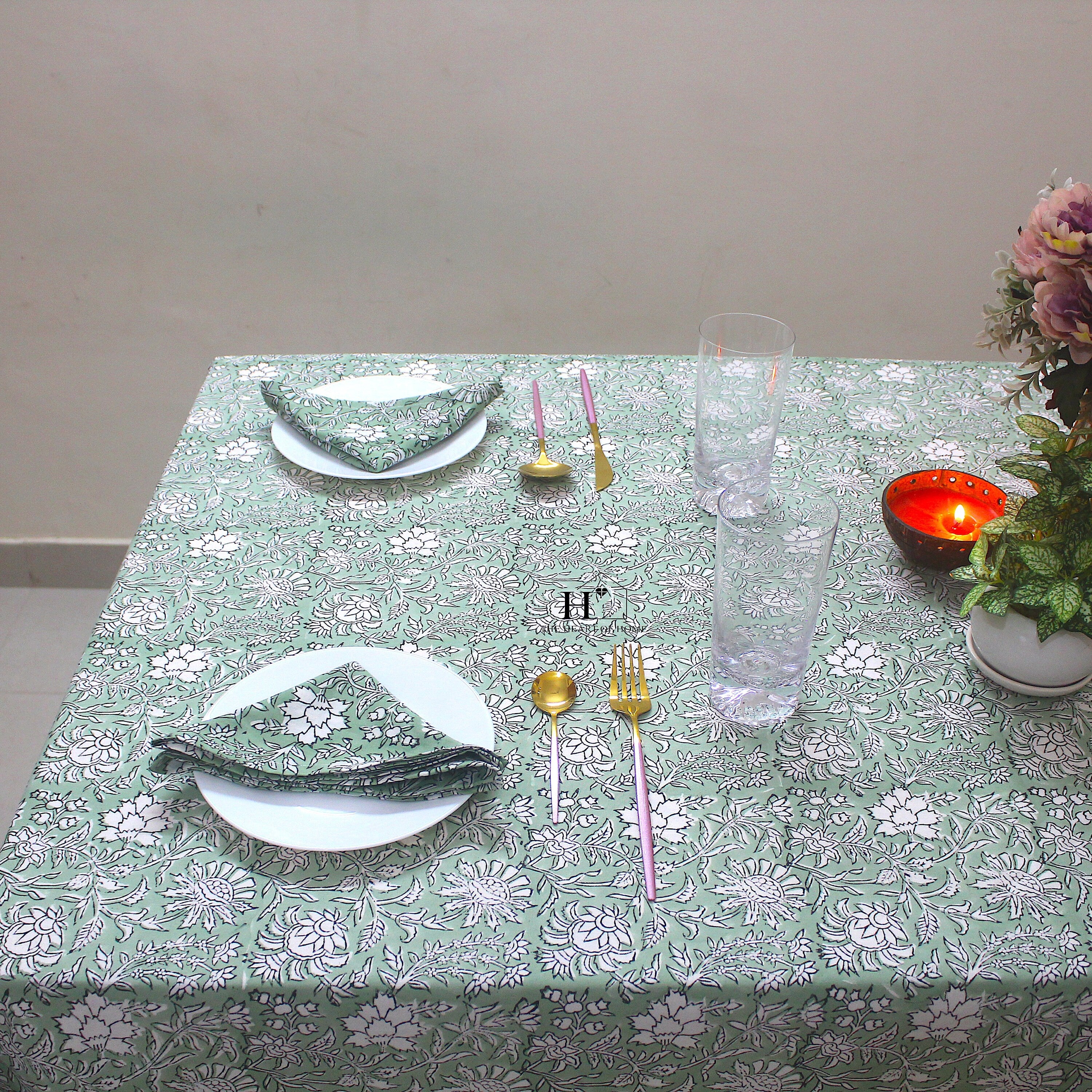 Hand Block Printed Olive Green Linen Tablecloth - Custom Sizes