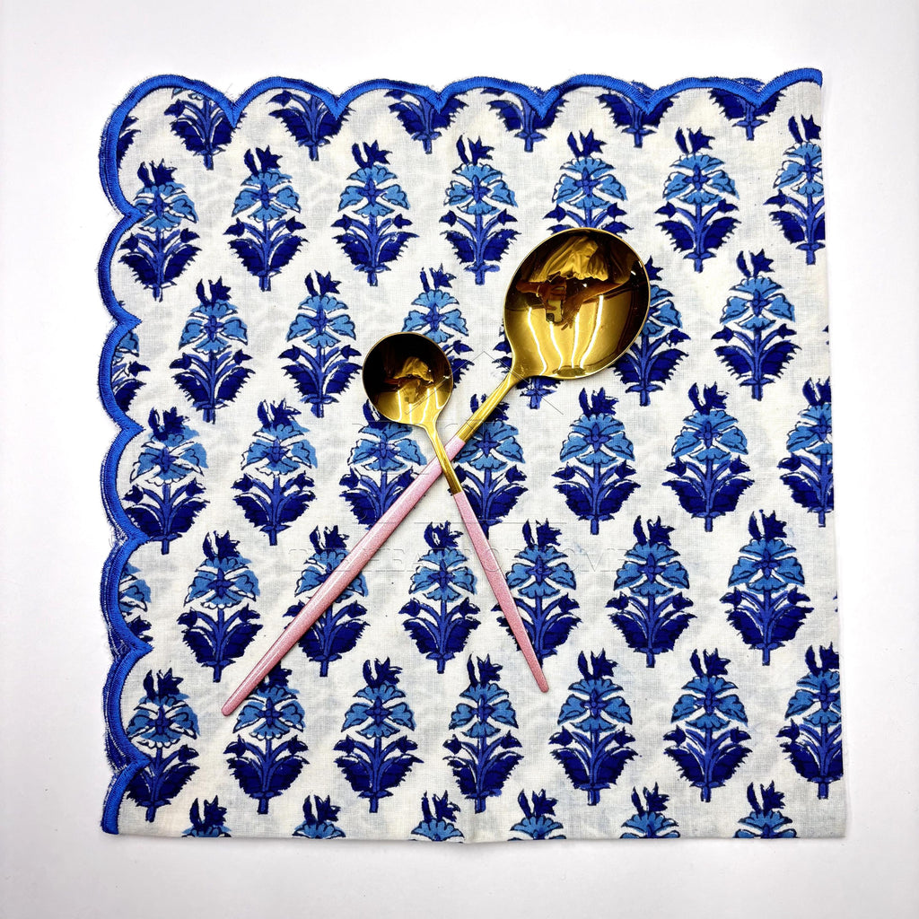 Hand Block Printed Cotton Napkins: Blue Scallop Edge, Sustainable Table Decor