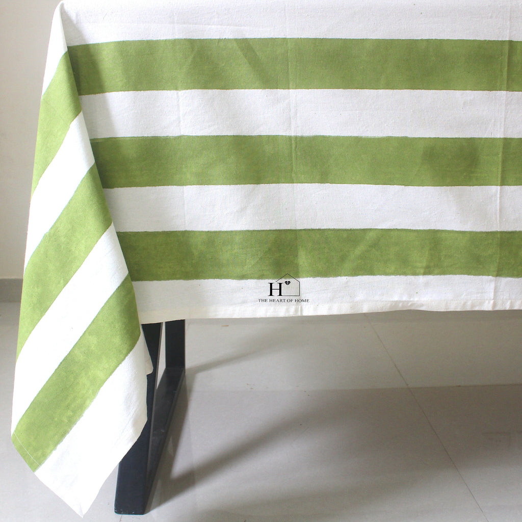 Hand-Block Printed Cotton Tablecloth: Green Stripe Minimalist Decor