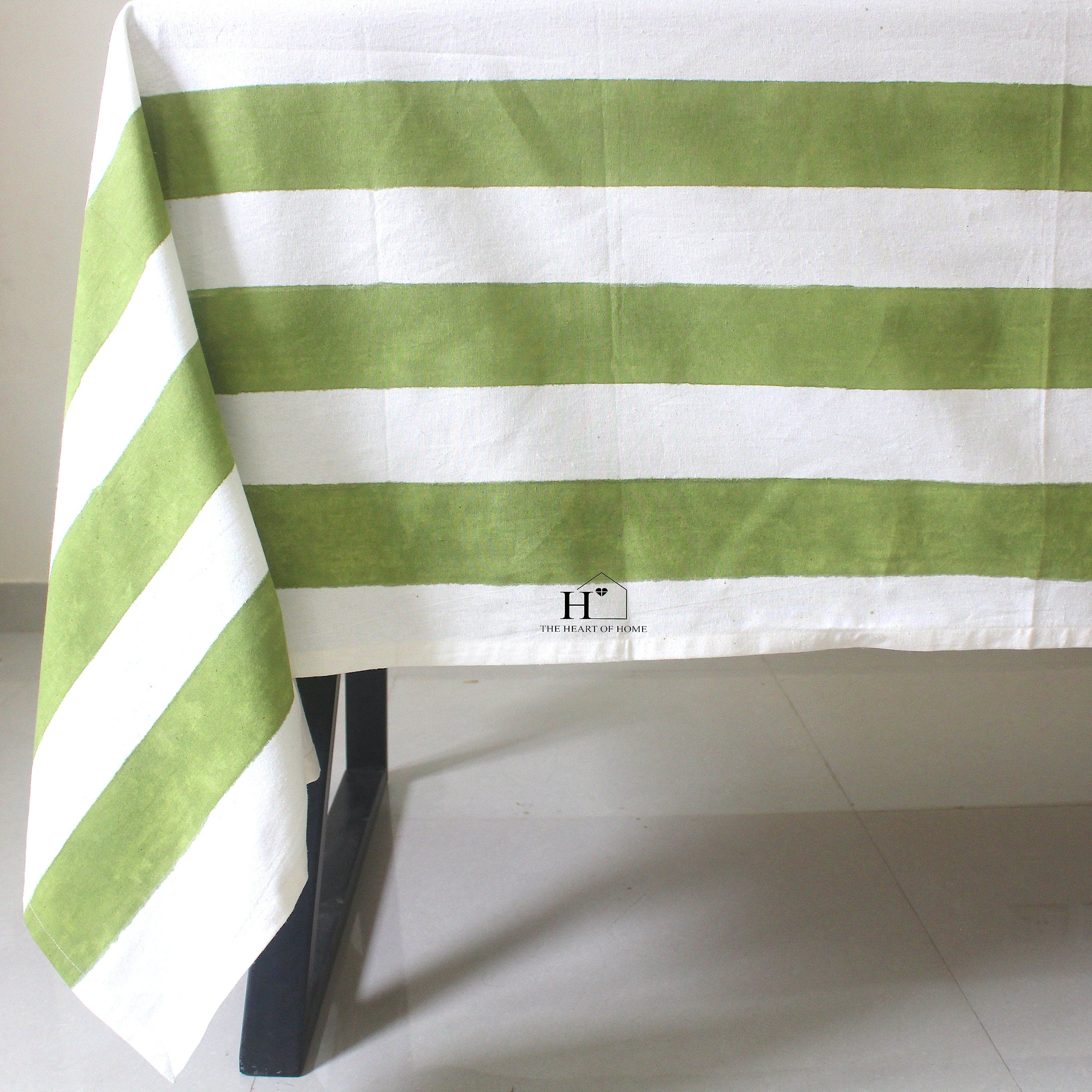 Hand-Block Printed Cotton Tablecloth: Green Stripe Minimalist Decor