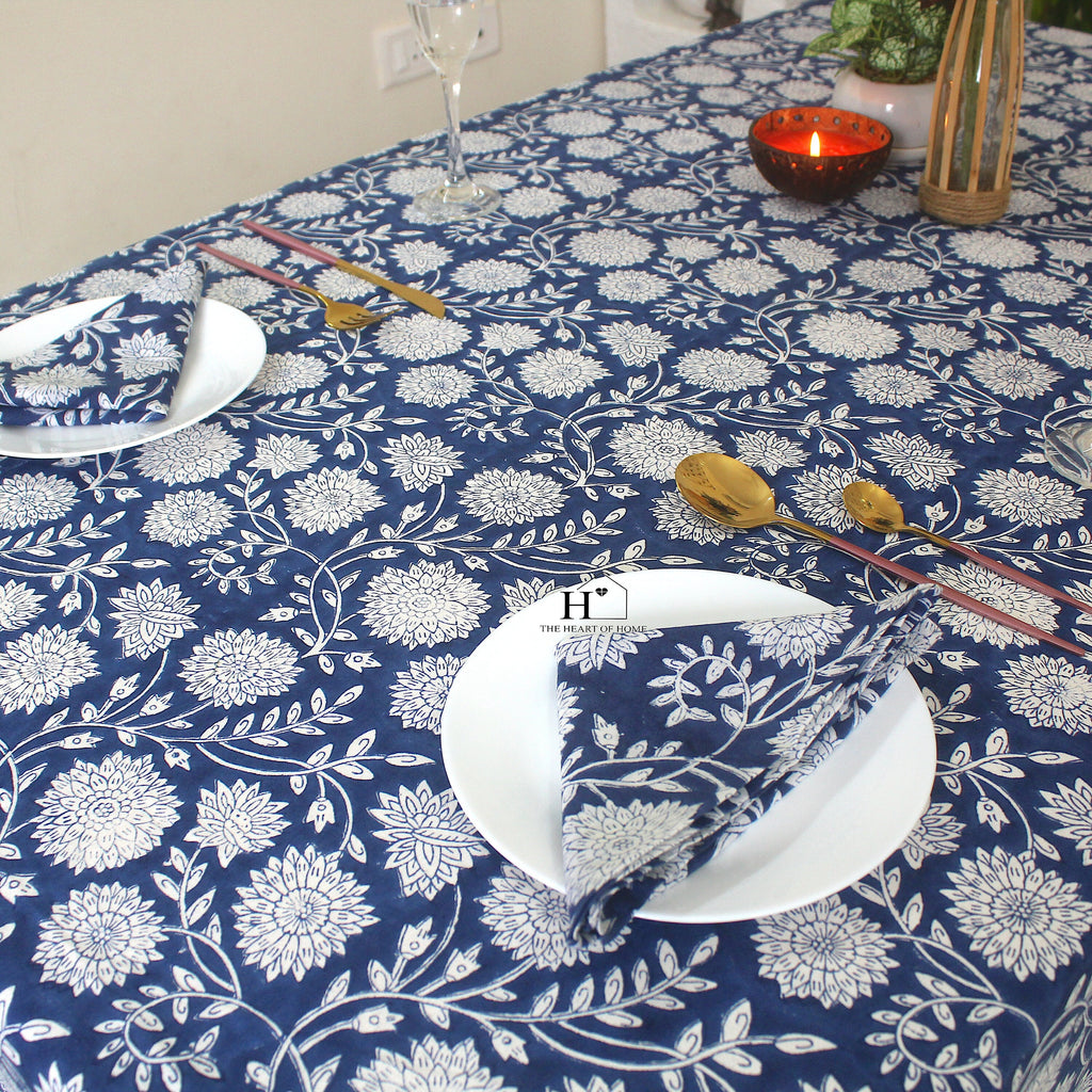 Blue Floral Block Print Cotton Tablecloth: Vibrant Home & Event Decor