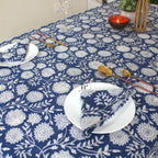 Blue Floral Block Print Cotton Tablecloth: Vibrant Home & Event Decor