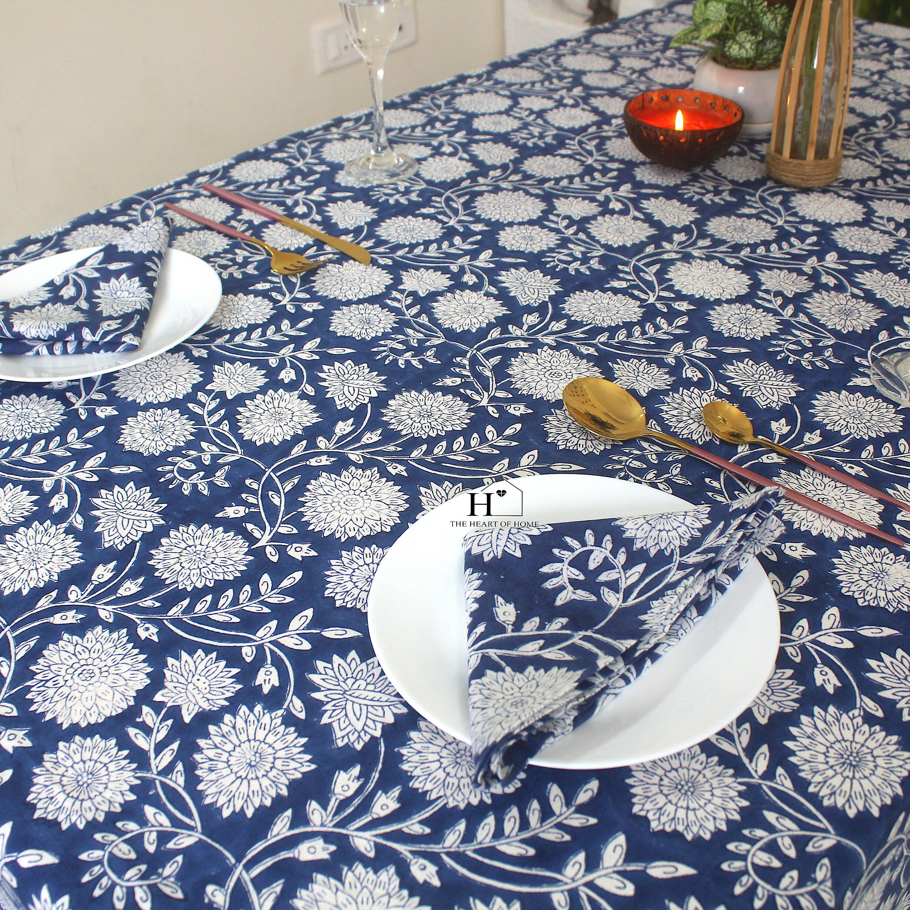 Blue Floral Block Print Cotton Tablecloth: Vibrant Home & Event Decor