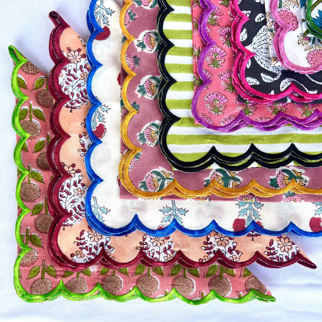 Hand Block Print Scallop Napkins: Floral Cotton Dinner Napkins