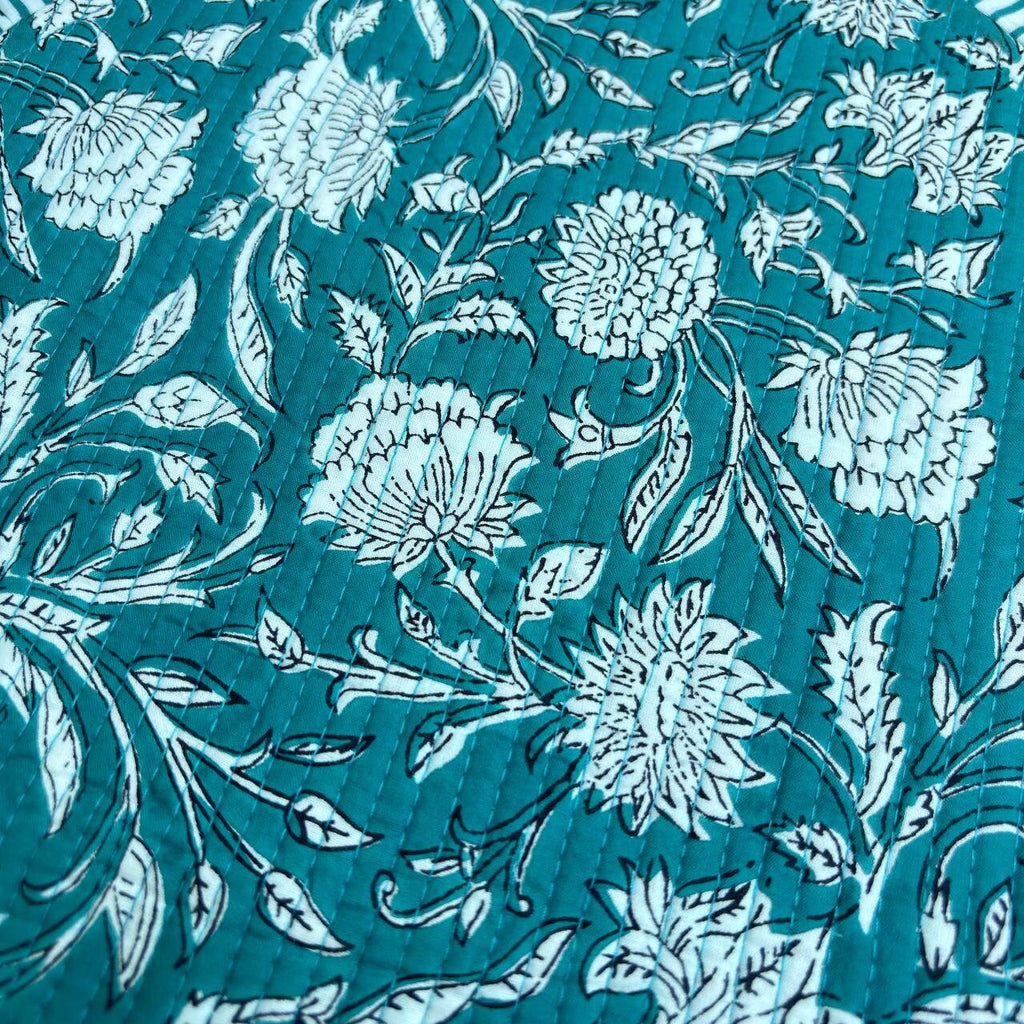 Teal Blue Floral Quilted Placemat & Napkin Set: Indian Artisan Craft