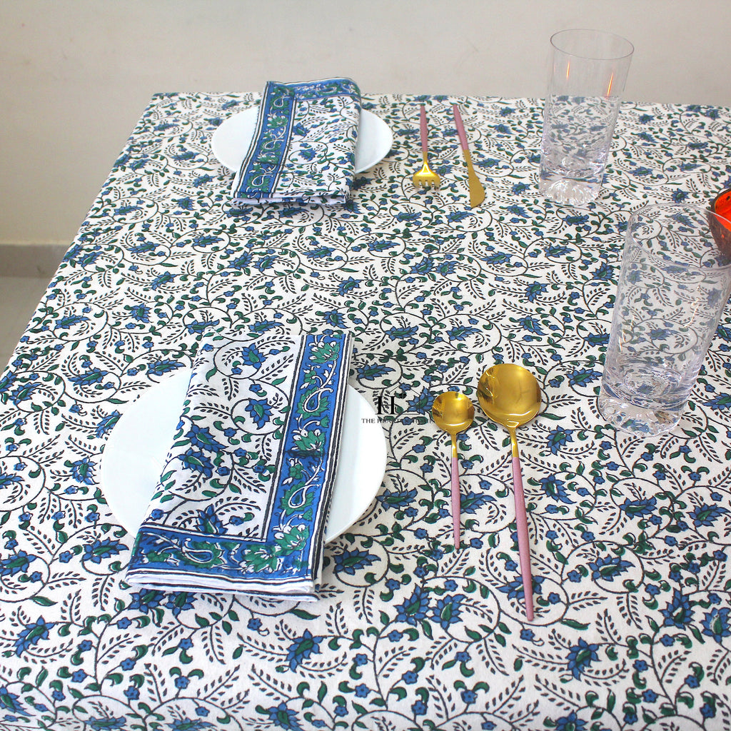 Blue Floral Block Print Tablecloth: Waterproof Cotton Dining Table Cover