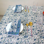 Blue Floral Block Print Tablecloth: Waterproof Cotton Dining Table Cover