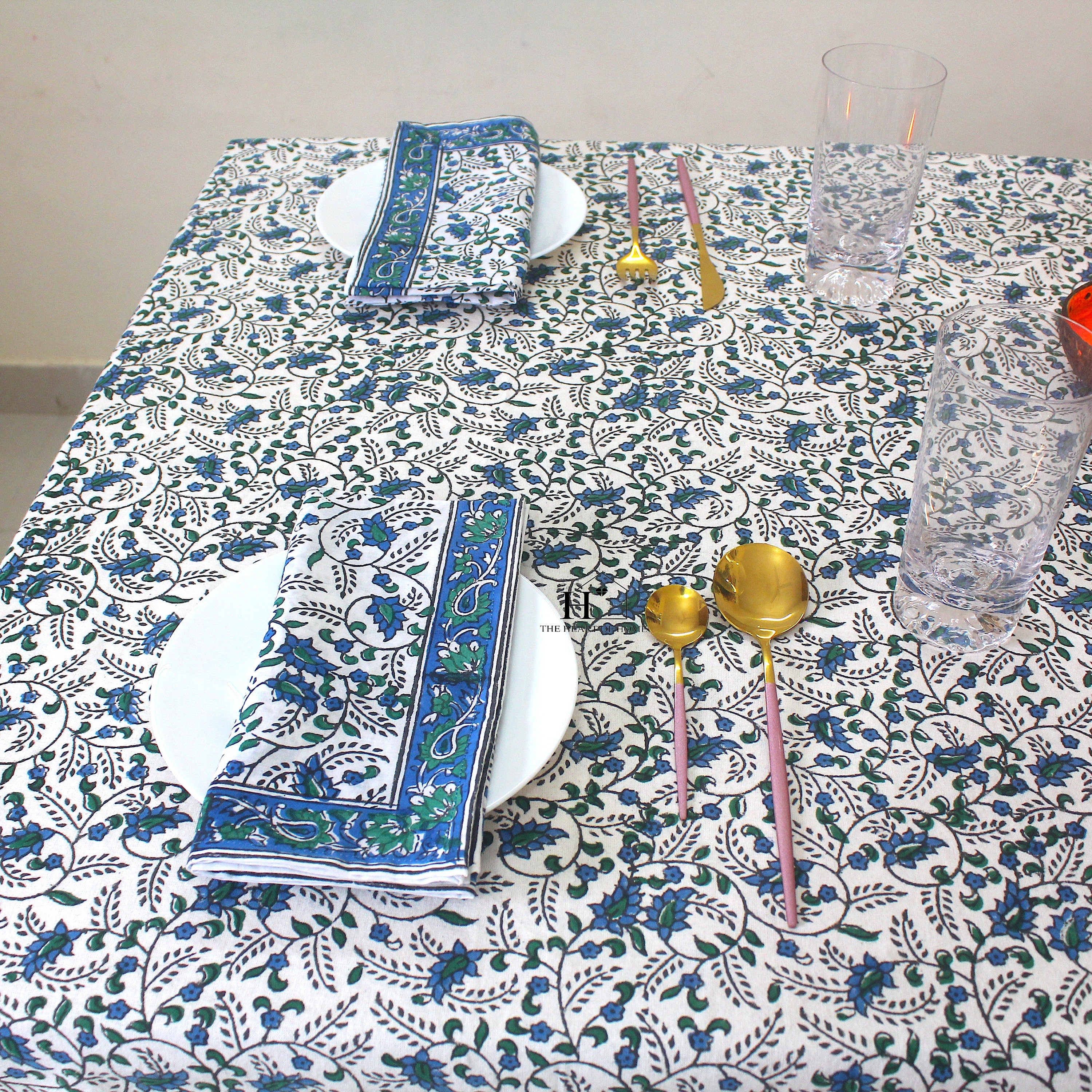 Blue Floral Block Print Tablecloth: Waterproof Cotton Dining Table Cover