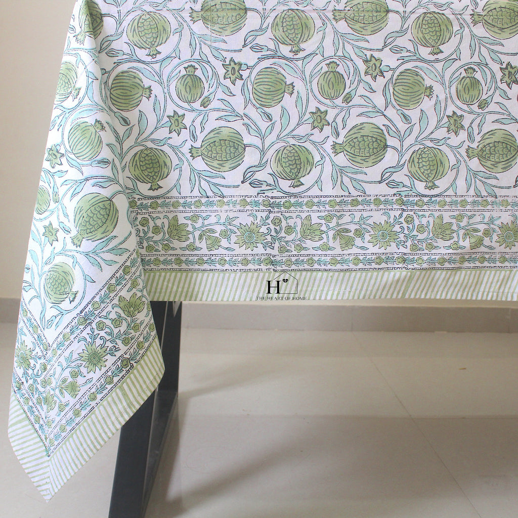 Sage Green Floral Tablecloth: Hand-Block Printed Cotton, Rustic Farmhouse Style