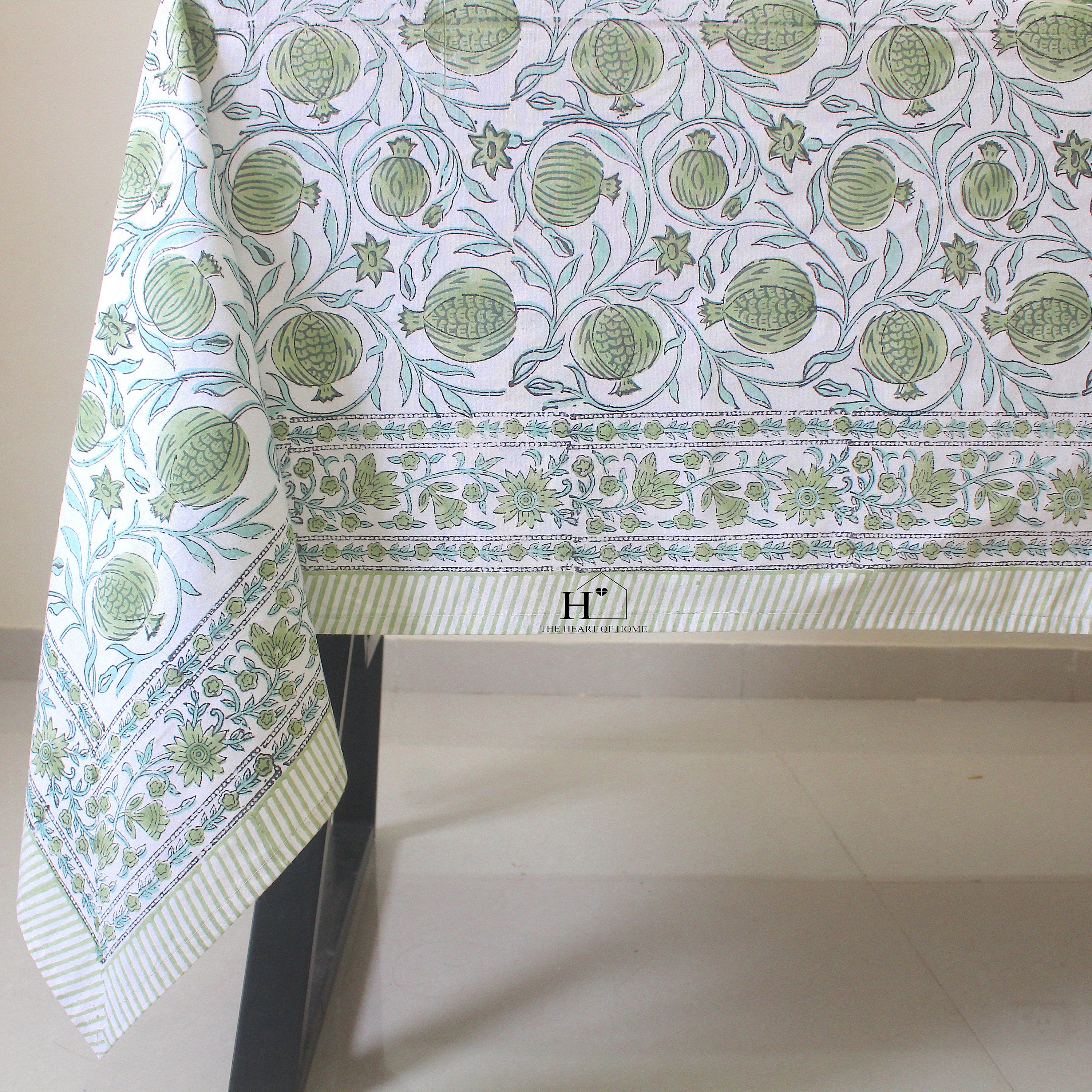 Sage Green Floral Tablecloth: Hand-Block Printed Cotton, Rustic Farmhouse Style