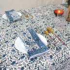 Blue Floral Block Print Tablecloth: Waterproof Cotton Dining Table Cover