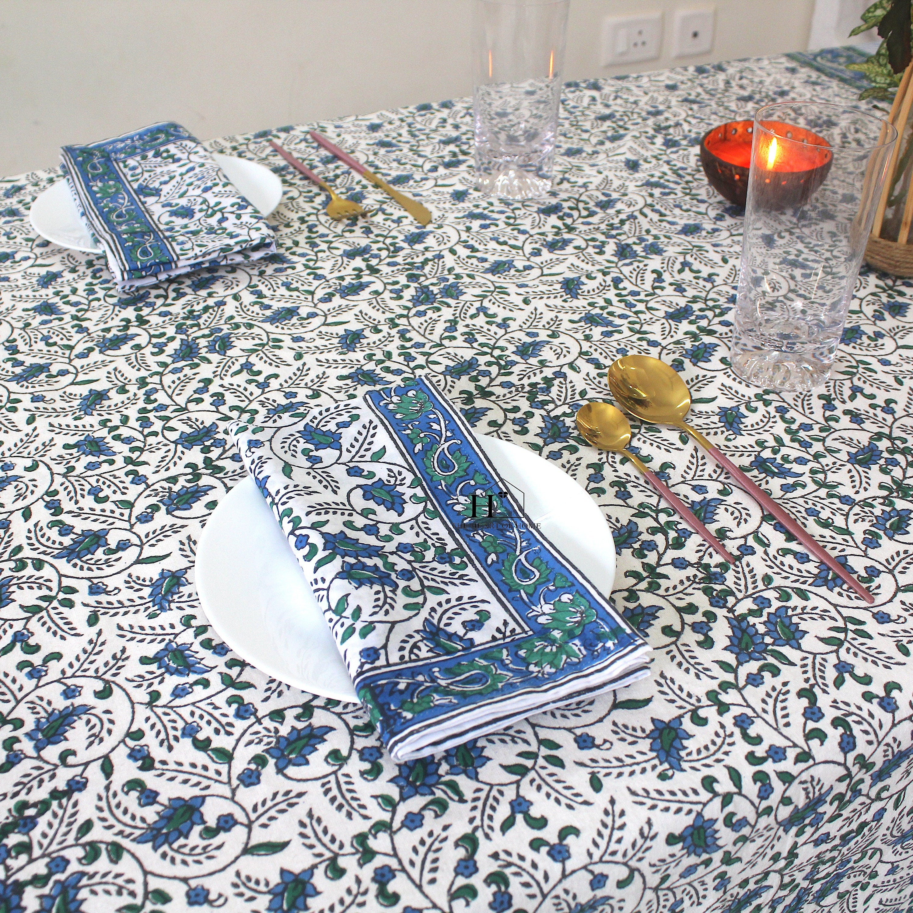Blue Floral Block Print Tablecloth: Waterproof Cotton Dining Table Cover