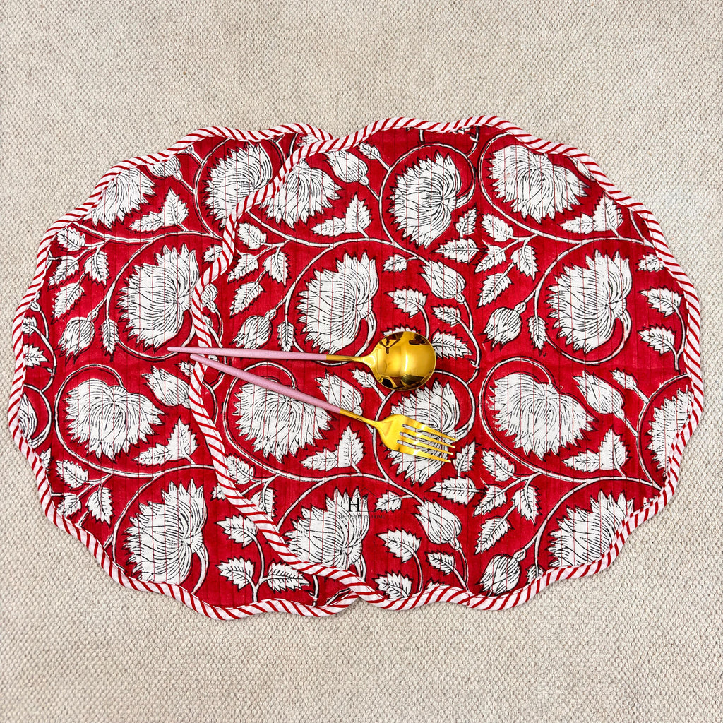 Handcrafted Red Floral Quilted Placemat & Napkin Set: Cotton Dining Decor