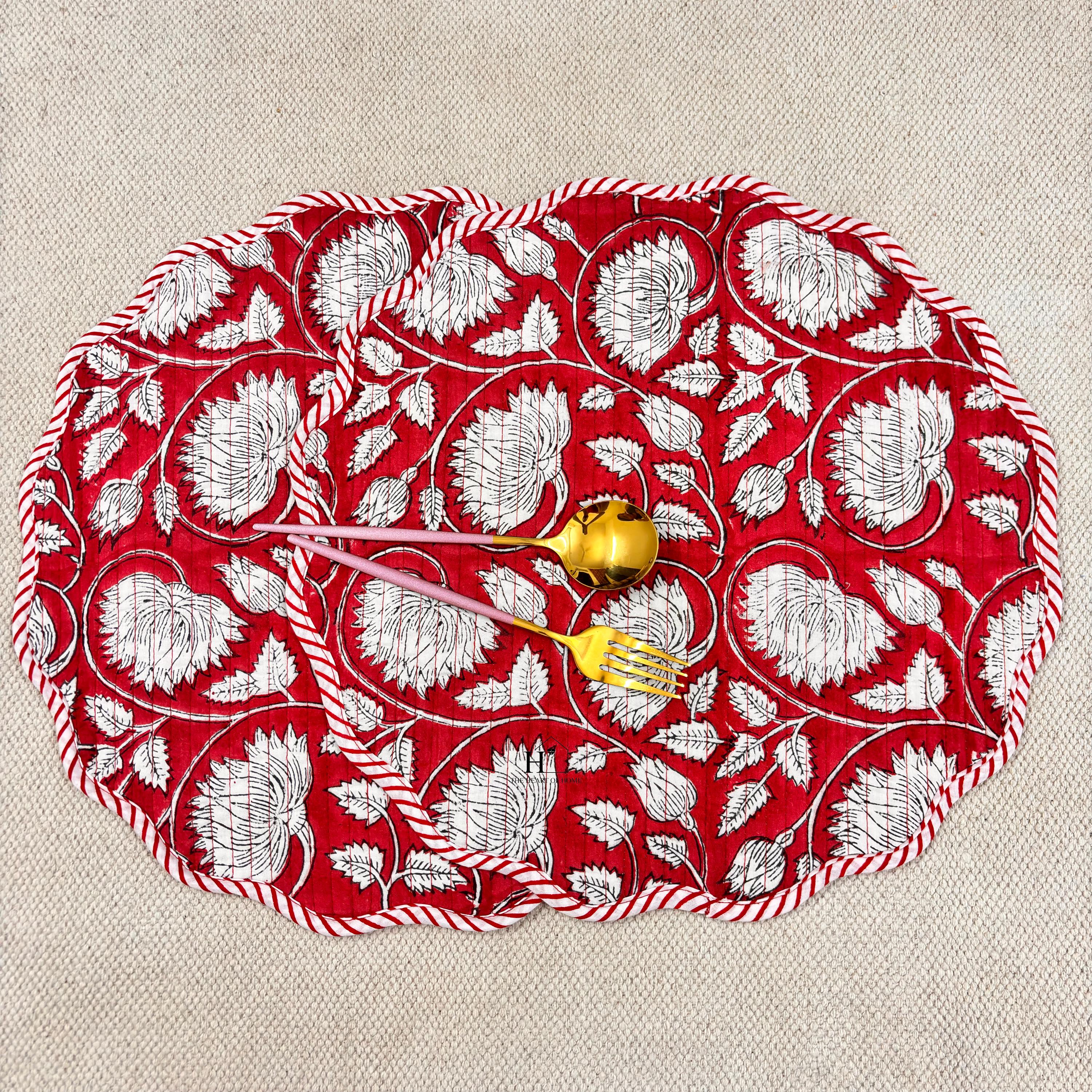 Handcrafted Red Floral Quilted Placemat & Napkin Set: Cotton Dining Decor