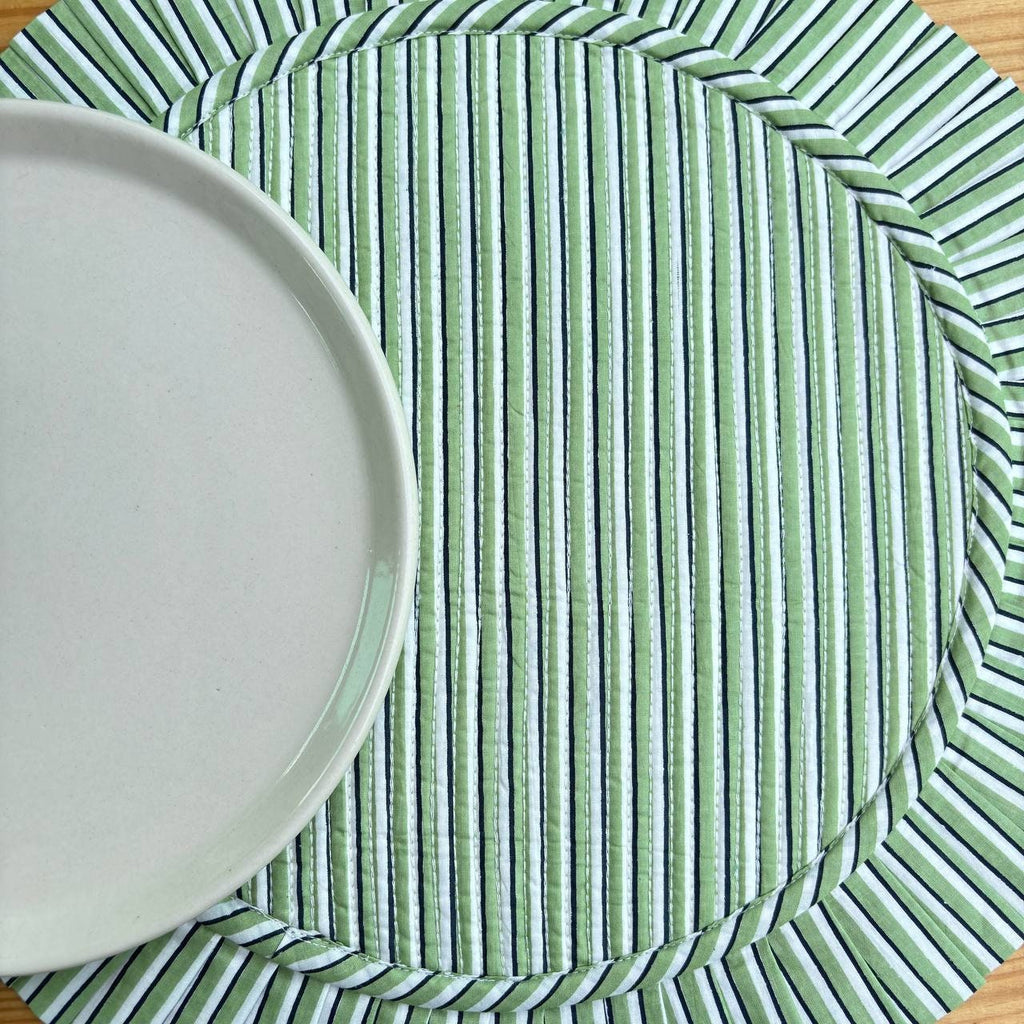 Floral Quilted Round Placemats with Napkins: Parrot Green Cotton Set