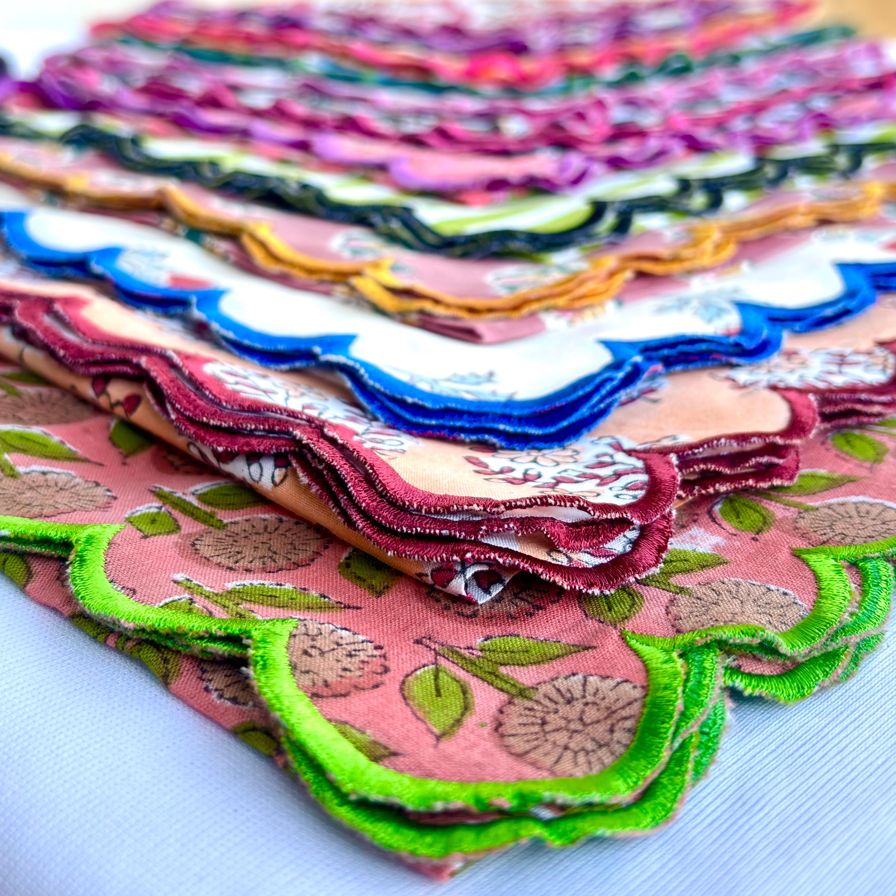 Hand Block Print Scallop Napkins: Floral Cotton Dinner Napkins