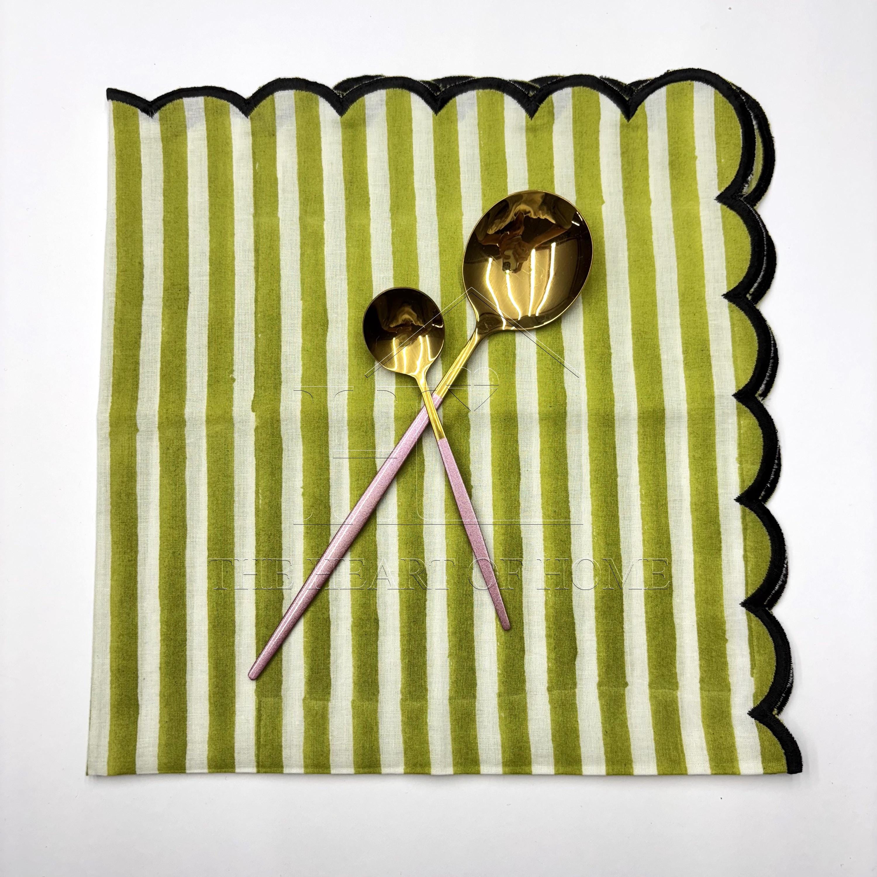 Hand Block Printed Stripe Napkins: Embroidered Scallop Edge, Sustainable Cotton