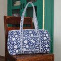 Large royal blue Cotton Quilted Duffle Bags Block print Gifts Handmade Colorful Travel night Travel Gym Yoga Luggage pocket 18x9x9 inches