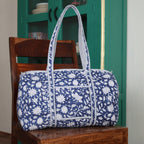 Large royal blue Cotton Quilted Duffle Bags Block print Gifts Handmade Colorful Travel night Travel Gym Yoga Luggage pocket 18x9x9 inches