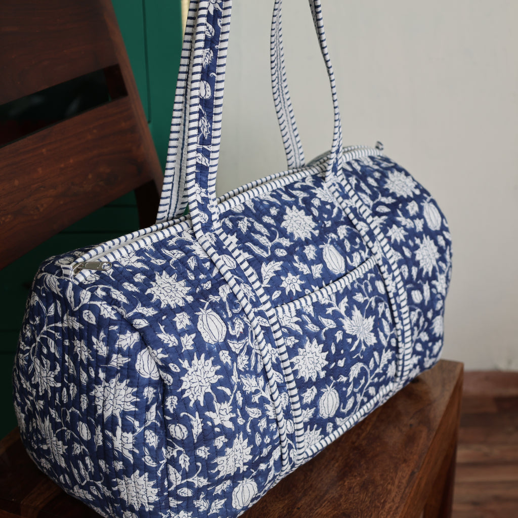 Large royal blue Cotton Quilted Duffle Bags Block print Gifts Handmade Colorful Travel night Travel Gym Yoga Luggage pocket 18x9x9 inches