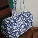 Large royal blue Cotton Quilted Duffle Bags Block print Gifts Handmade Colorful Travel night Travel Gym Yoga Luggage pocket 18x9x9 inches