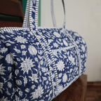 Large royal blue Cotton Quilted Duffle Bags Block print Gifts Handmade Colorful Travel night Travel Gym Yoga Luggage pocket 18x9x9 inches
