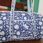 Large royal blue Cotton Quilted Duffle Bags Block print Gifts Handmade Colorful Travel night Travel Gym Yoga Luggage pocket 18x9x9 inches