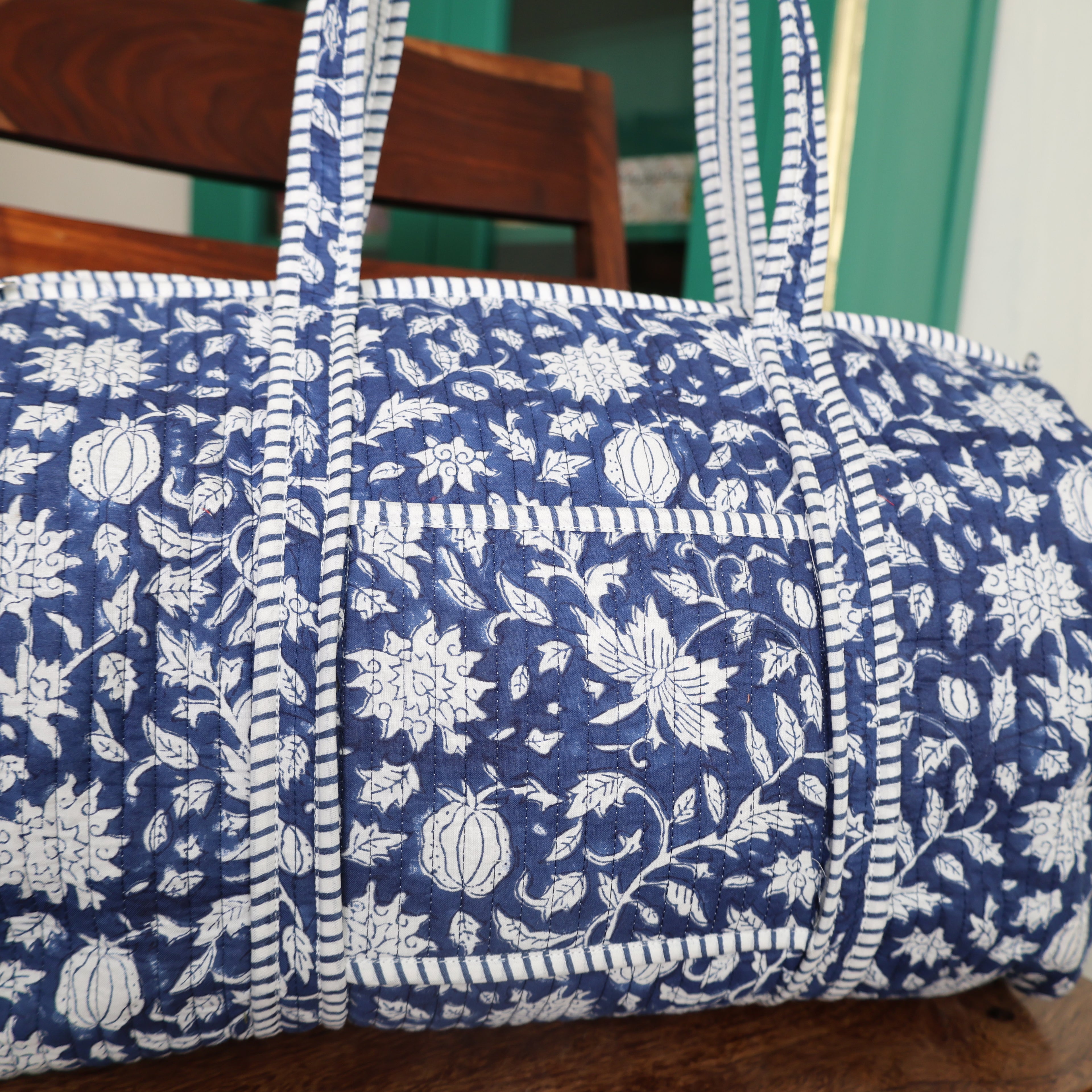 Large royal blue Cotton Quilted Duffle Bags Block print Gifts Handmade Colorful Travel night Travel Gym Yoga Luggage pocket 18x9x9 inches