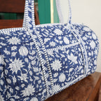 Large royal blue Cotton Quilted Duffle Bags Block print Gifts Handmade Colorful Travel night Travel Gym Yoga Luggage pocket 18x9x9 inches