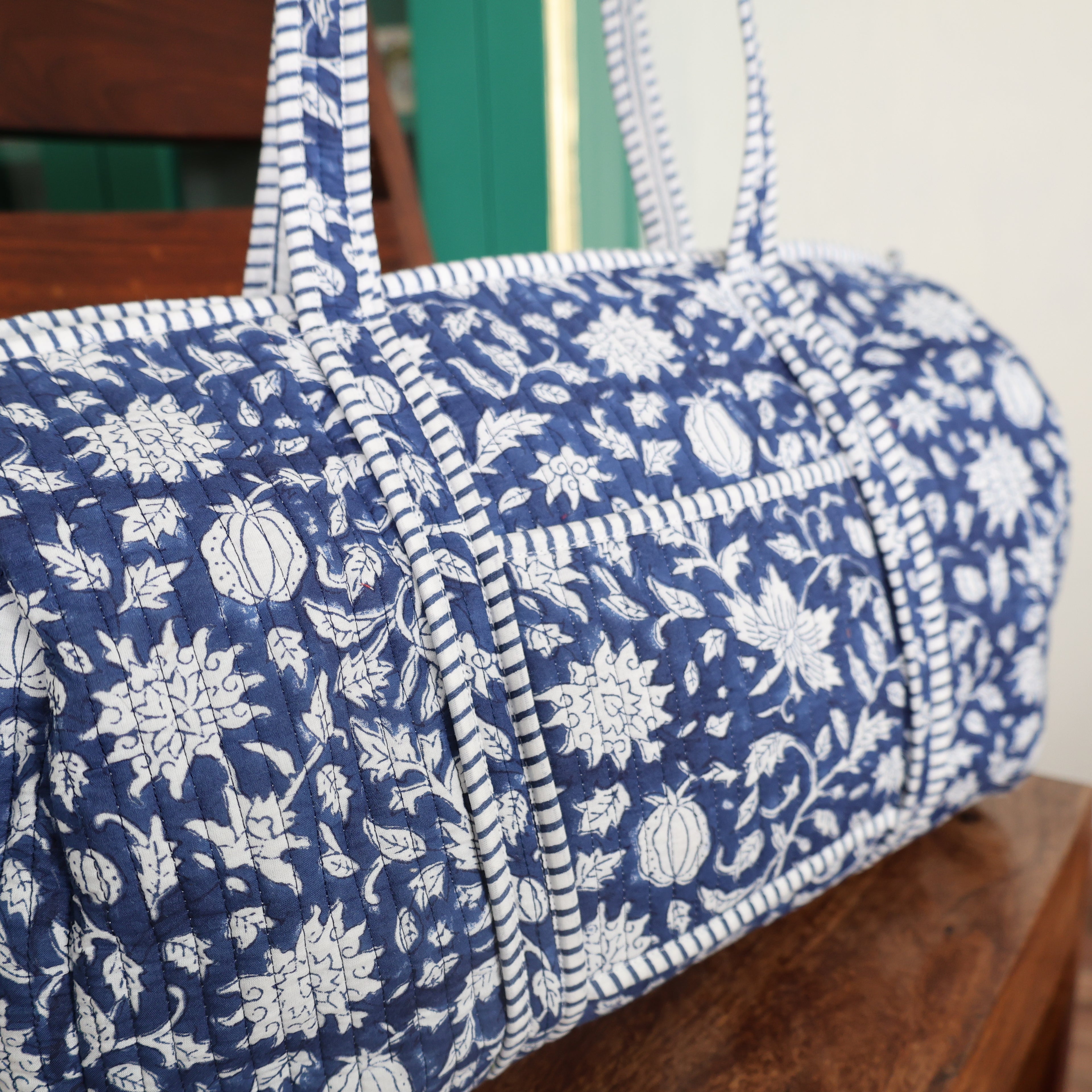 Large royal blue Cotton Quilted Duffle Bags Block print Gifts Handmade Colorful Travel night Travel Gym Yoga Luggage pocket 18x9x9 inches