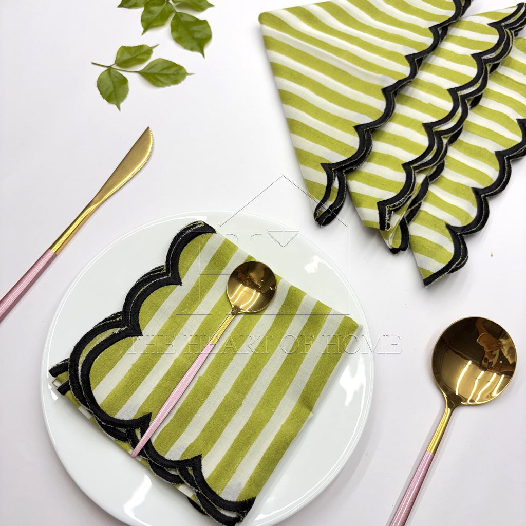 Hand Block Printed Stripe Napkins: Embroidered Scallop Edge, Sustainable Cotton