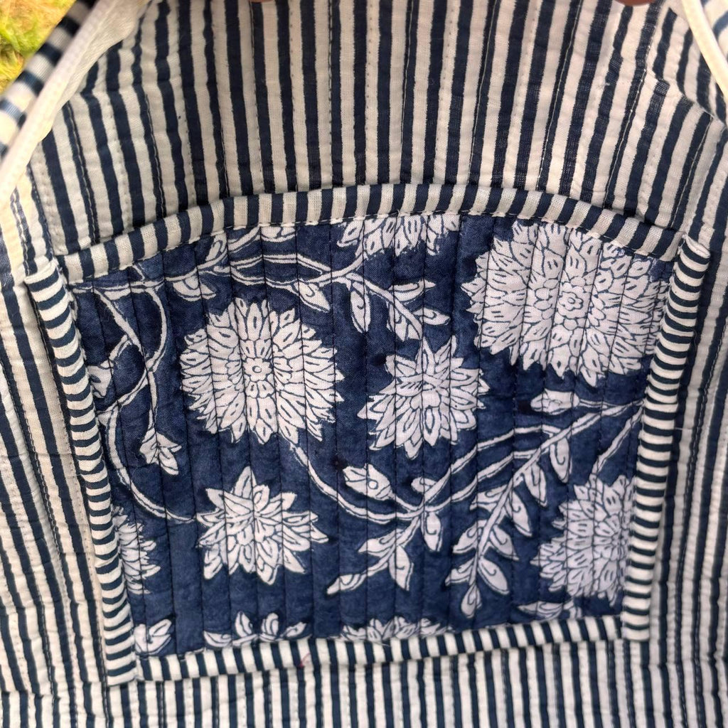 Large royal blue Cotton Quilted Duffle Bags Block print Gifts Handmade Colorful Travel night Travel Gym Yoga Luggage pocket 18x9x9 inches