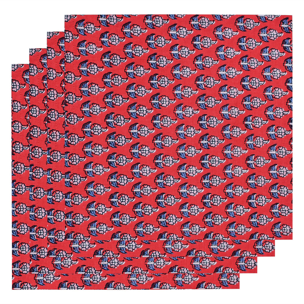 Handmade Red Floral Napkins: 100% Cotton Block Print Table Decor