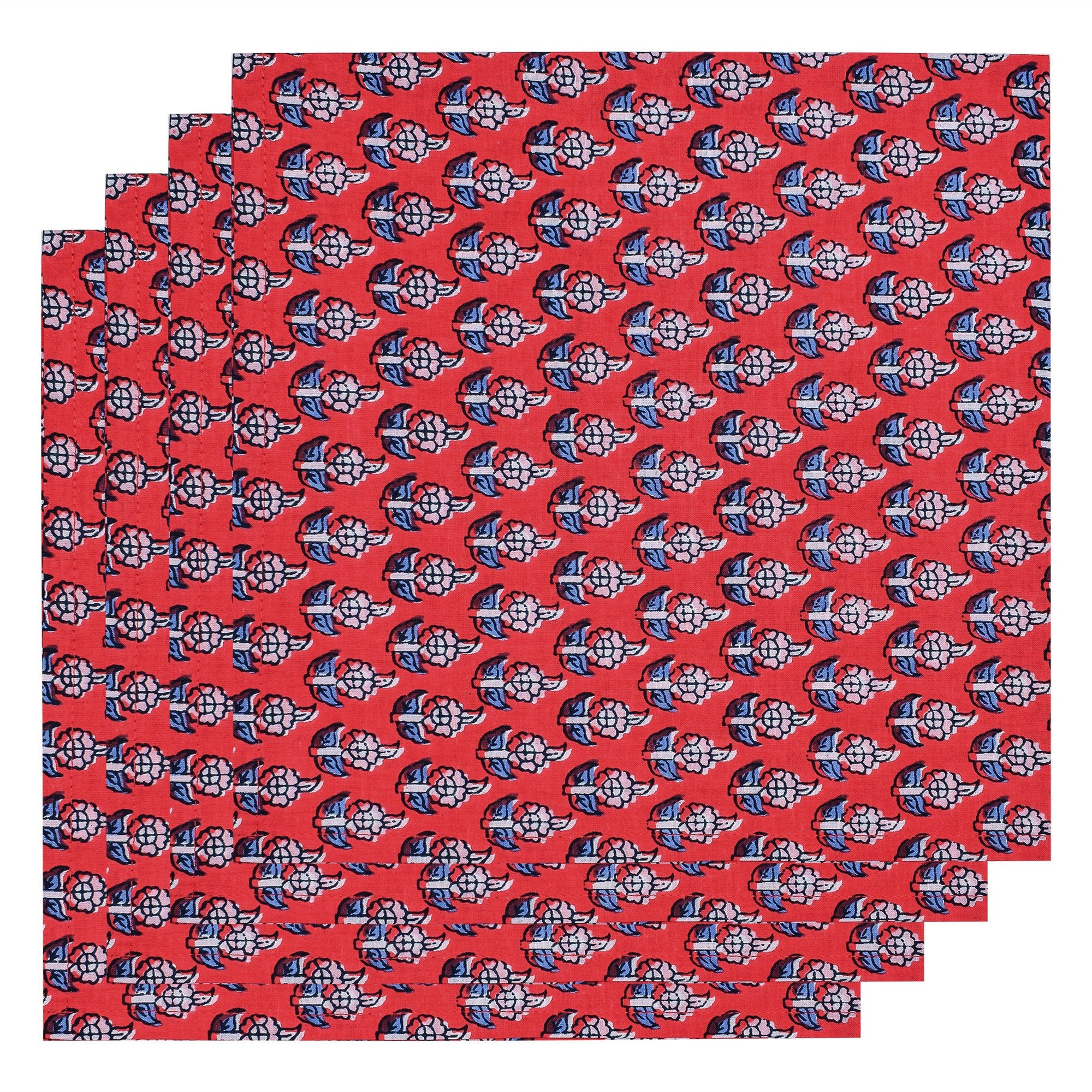 Handmade Red Floral Napkins: 100% Cotton Block Print Table Decor