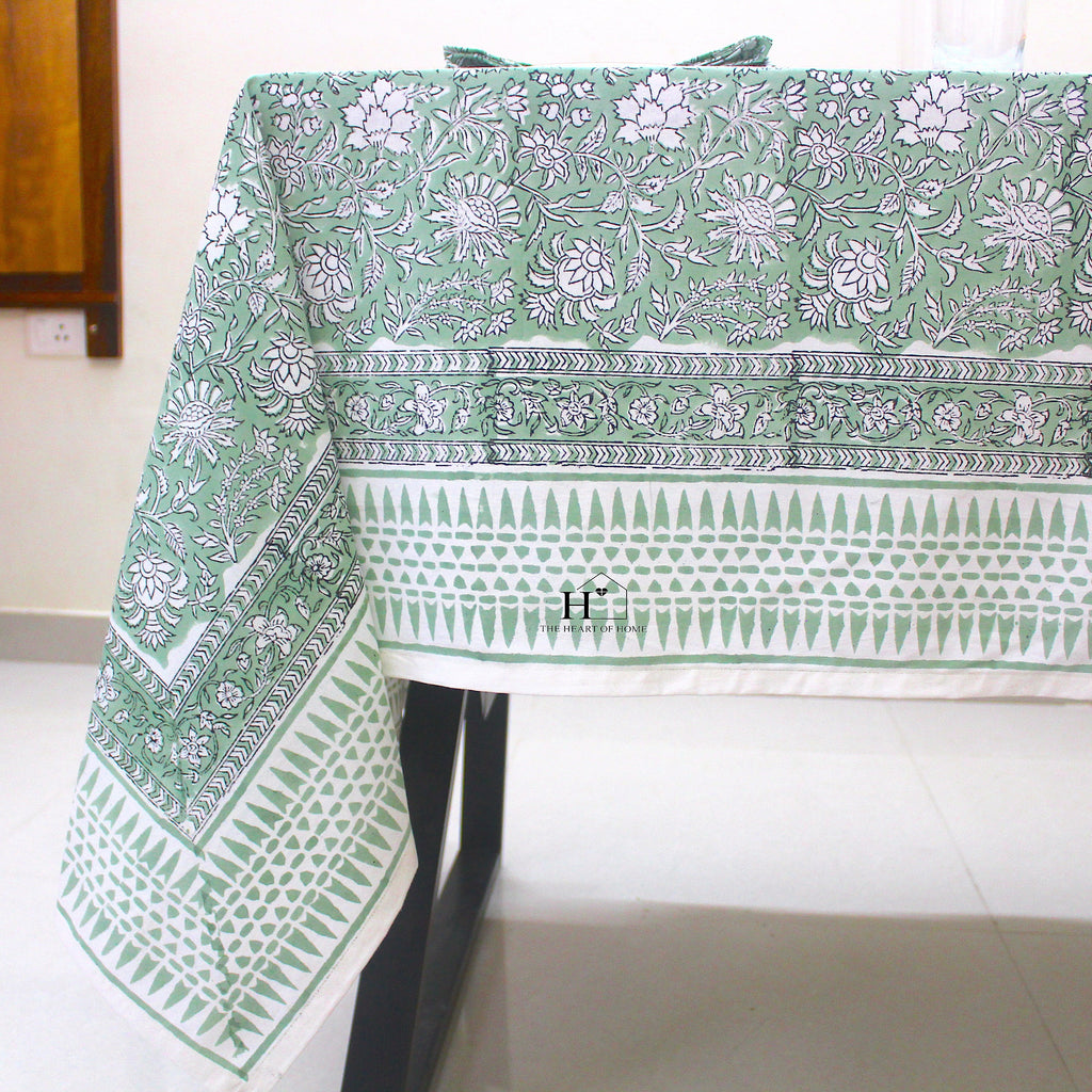 Hand Block Printed Olive Green Linen Tablecloth - Custom Sizes