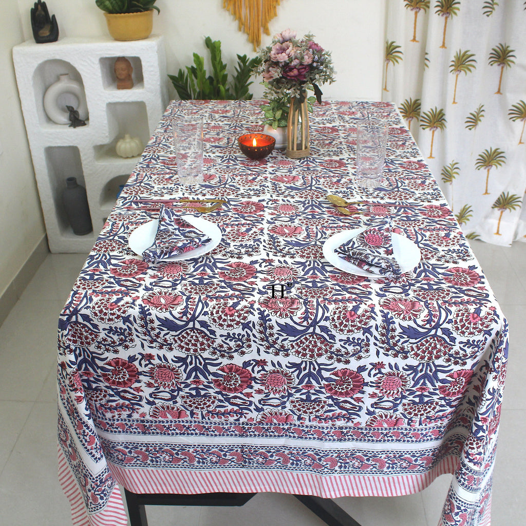 Floral Hand-Block Cotton Tablecloth: Farmhouse Dining, Purple Blooms