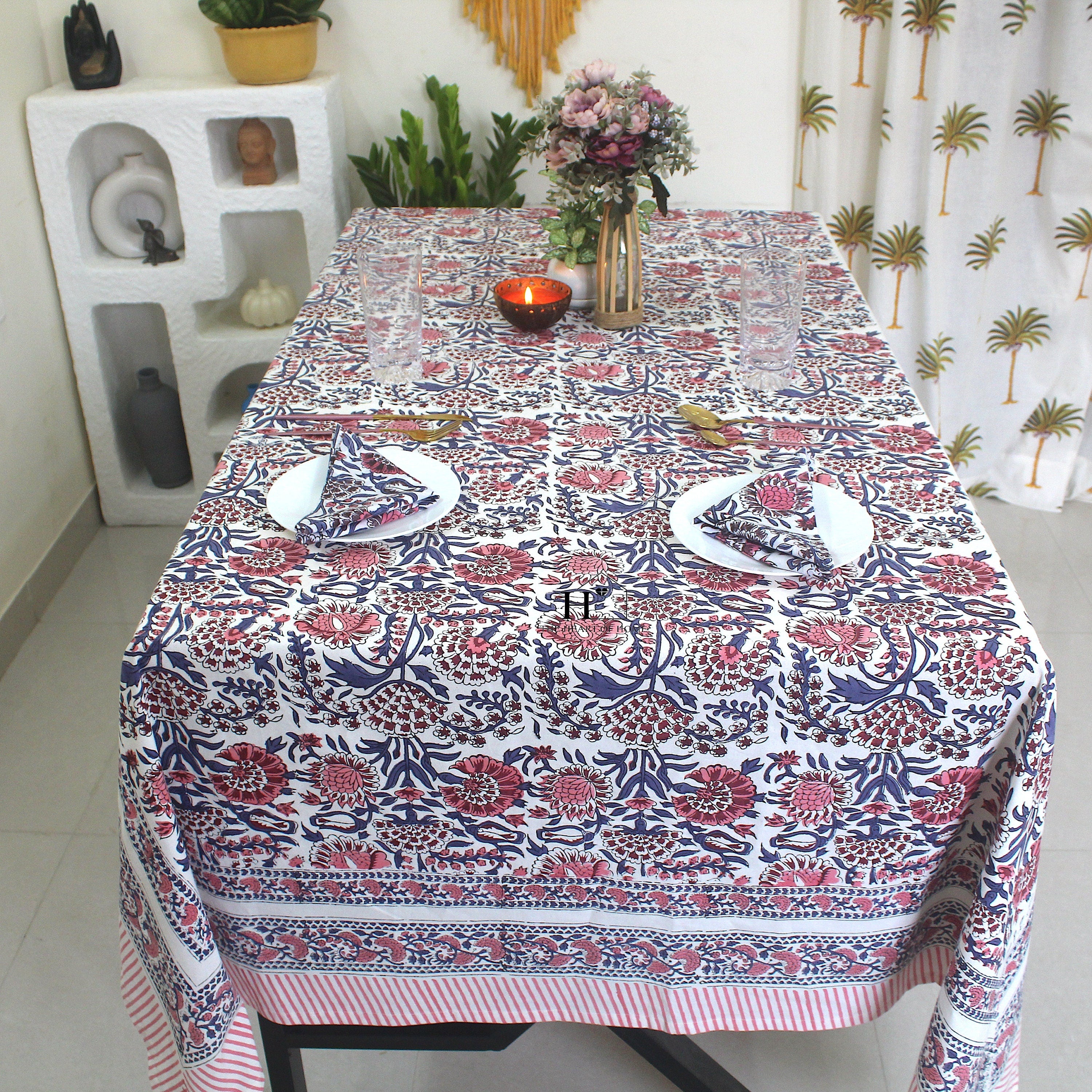 Floral Hand-Block Cotton Tablecloth: Farmhouse Dining, Purple Blooms